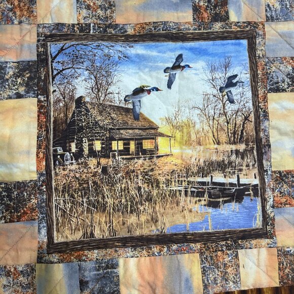 Handmade Quilt Throw 41x56 Vintage Ranch Cabin Scenery Ducks Brown Rust Gray - Picture 2 of 6